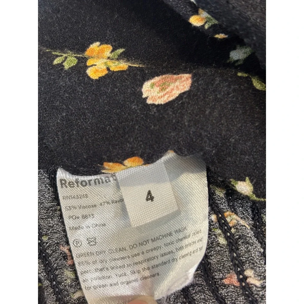 Reformation Floral Crop Top Black Puff Sleeve Smocked Back Square Neck‎ Size 4